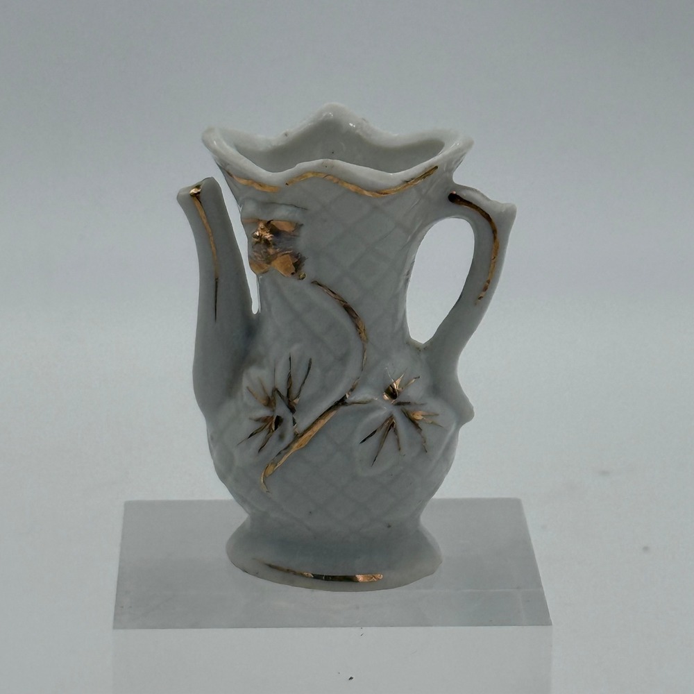 Vintage Miniature Porcelain Pitcher Gold Gilt Floral Lattice Japan 2.75"